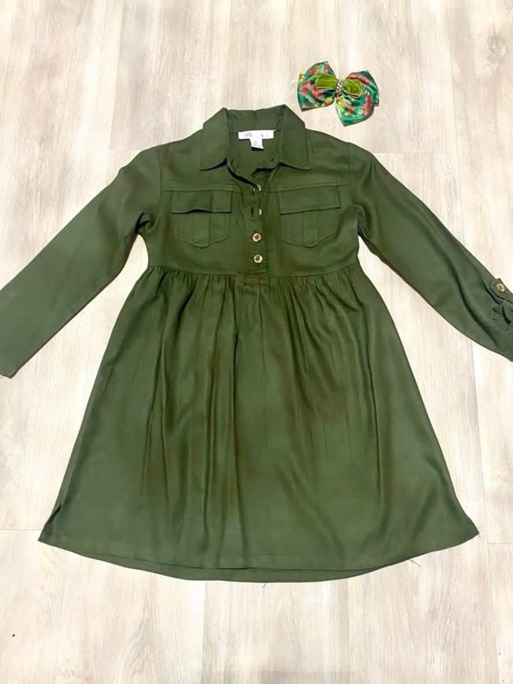 Girls Olive Green Long-Sleeve Shirt Dress